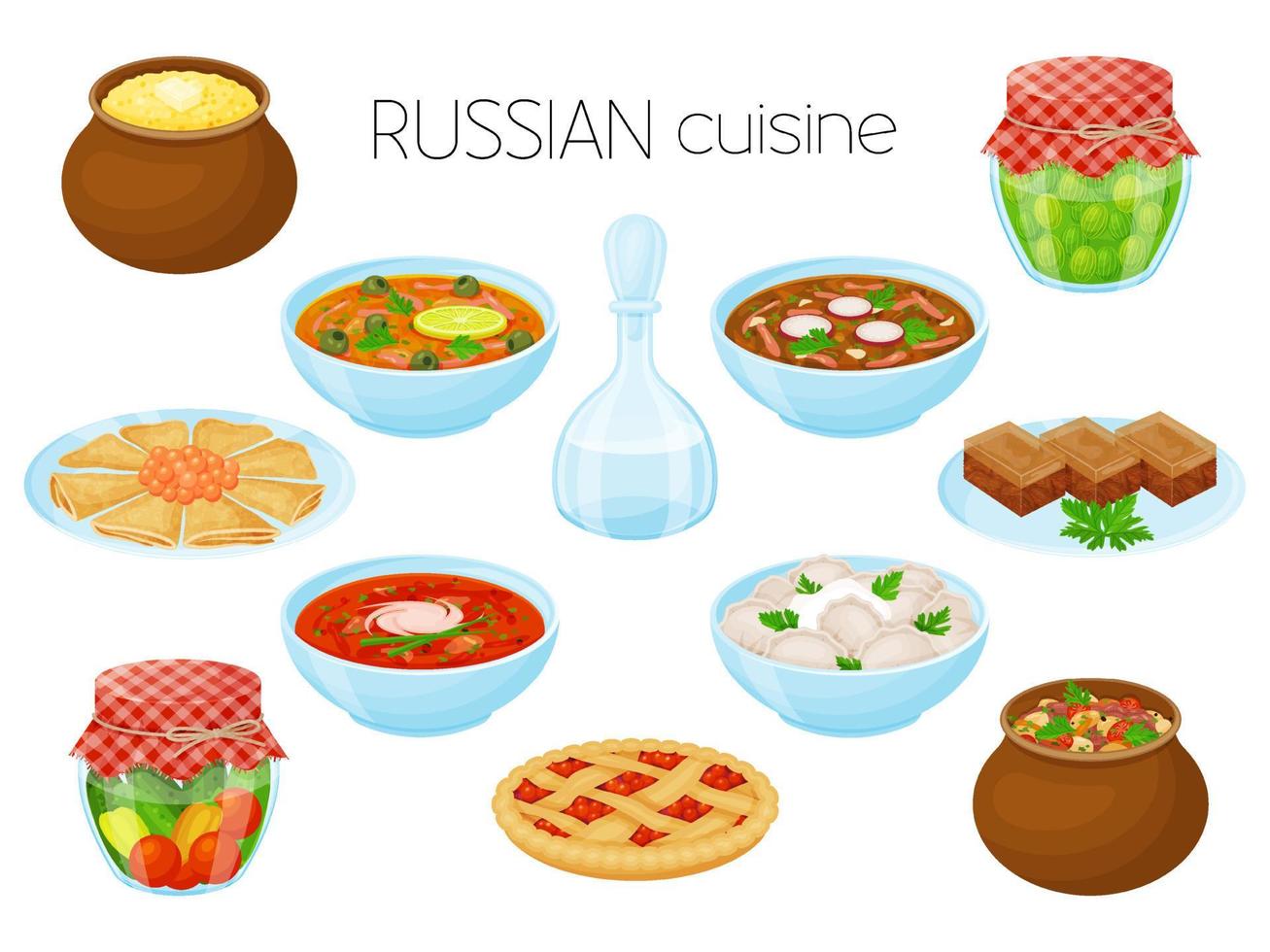 collection of meals. Russian cuisine. Cartoon style, Vector illustration. Isolated on white.