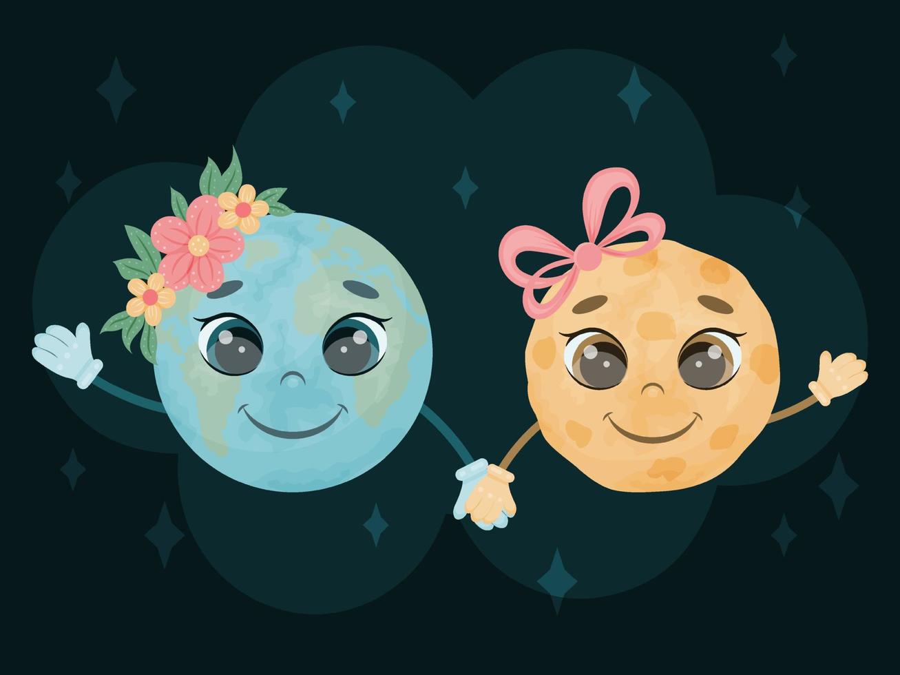 Cute characters. Fairy tale earth and moon are hold hands and smile into space. A child picture. Vector illustration. Cartoon style.