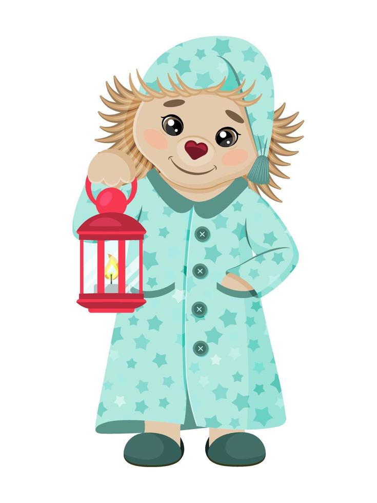 Cute hedgehog in pajamas and with a lamp. A fairy tale character. A child picture. Vector illustration. Cartoon style. Isolated on white.