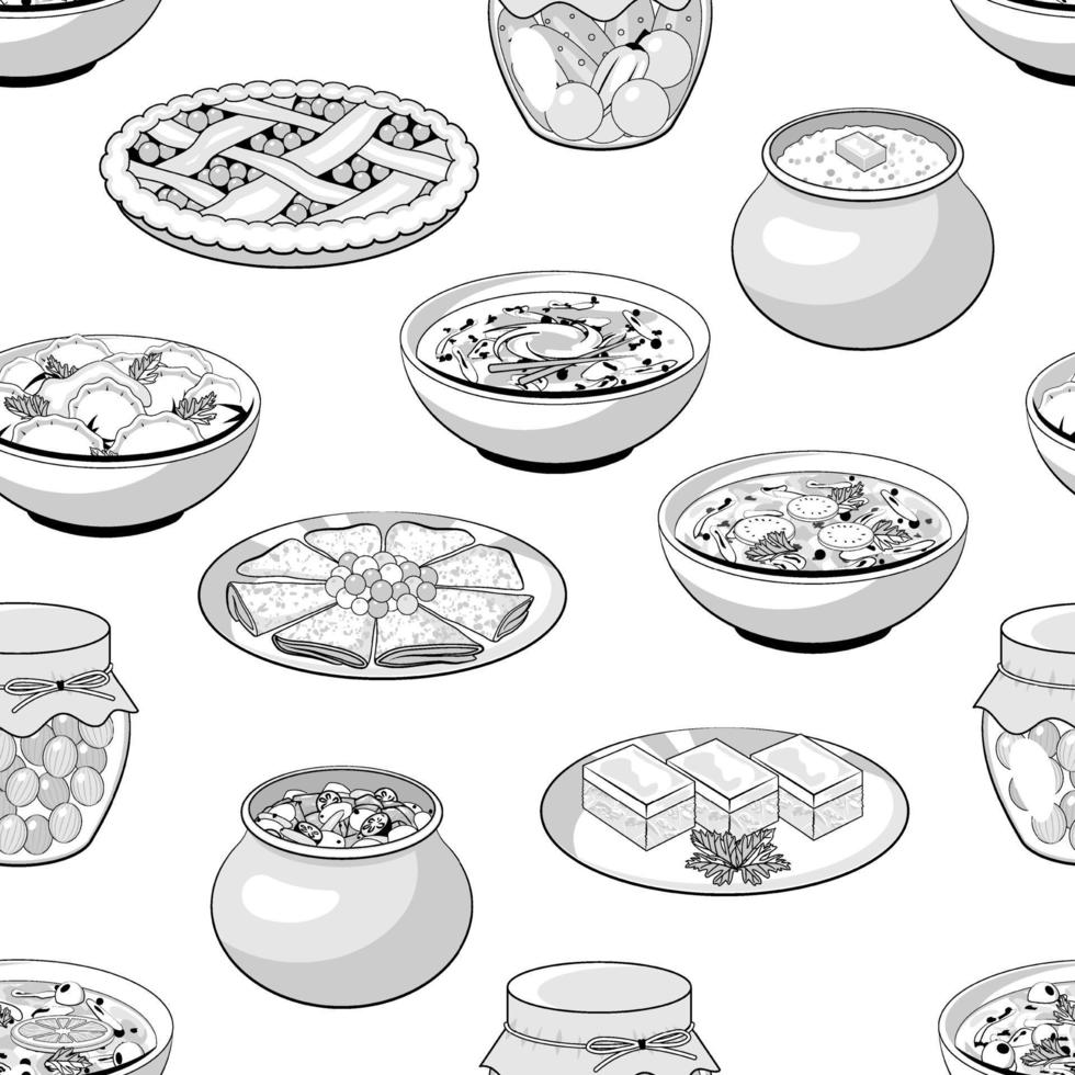 patrón sin fisuras de las comidas tradicionales rusas. ilustración vectorial. monocromo. en blanco y negro. estilo de dibujos animados. vector