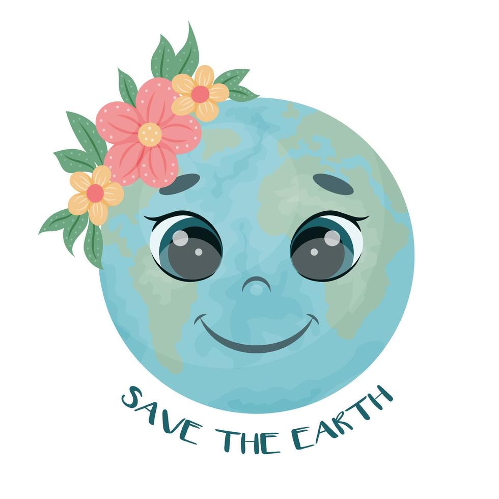 Cute character. The earth with flowers is smiling. Save the earth. Vector illustration. Cartoon style. Isolated on white.