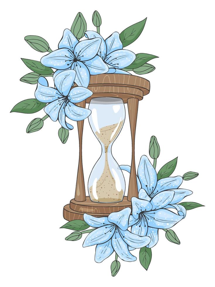 reloj de arena de boceto de color dibujado a mano con flores. ilustración vectorial. aislado en blanco. tatuaje, arte lineal. vector