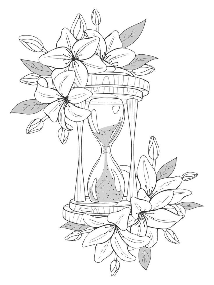 hand drawn sketch hourglass with flowers. Vector illustration. Isolated on white. Tattoo, line art.