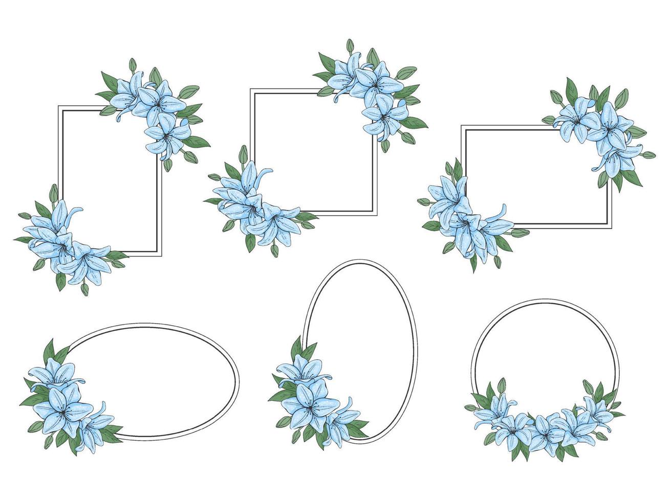 set of simple rames with hand drawn flowers. Vector illustration. Isolated on white.