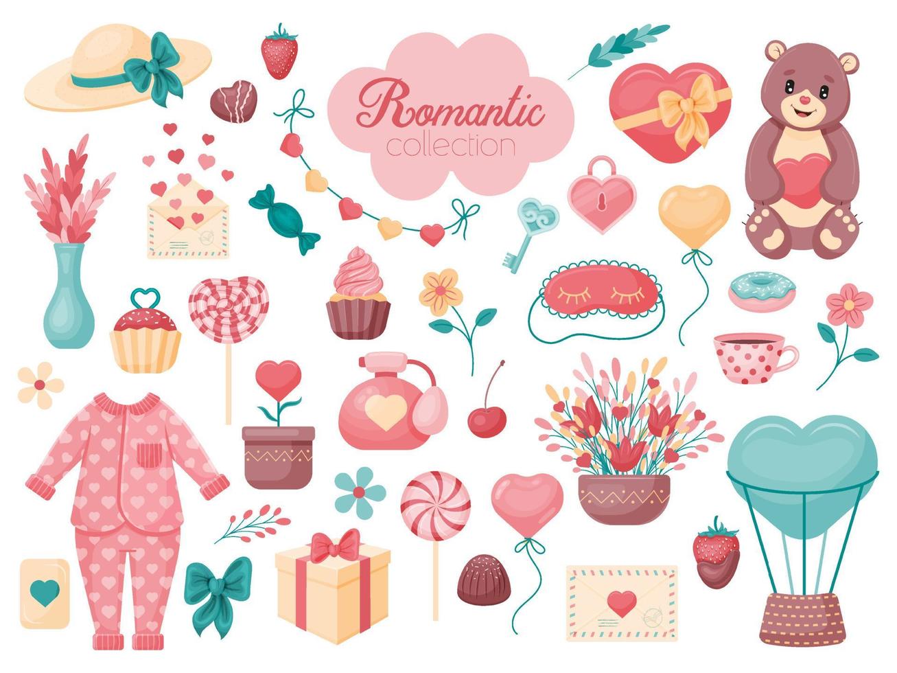 linda colección romántica. pijama, tarta, piruleta, llave, corazón, letras. muchos objetos, estilo dibujos animados. ilustración vectorial. aislado en blanco. vector