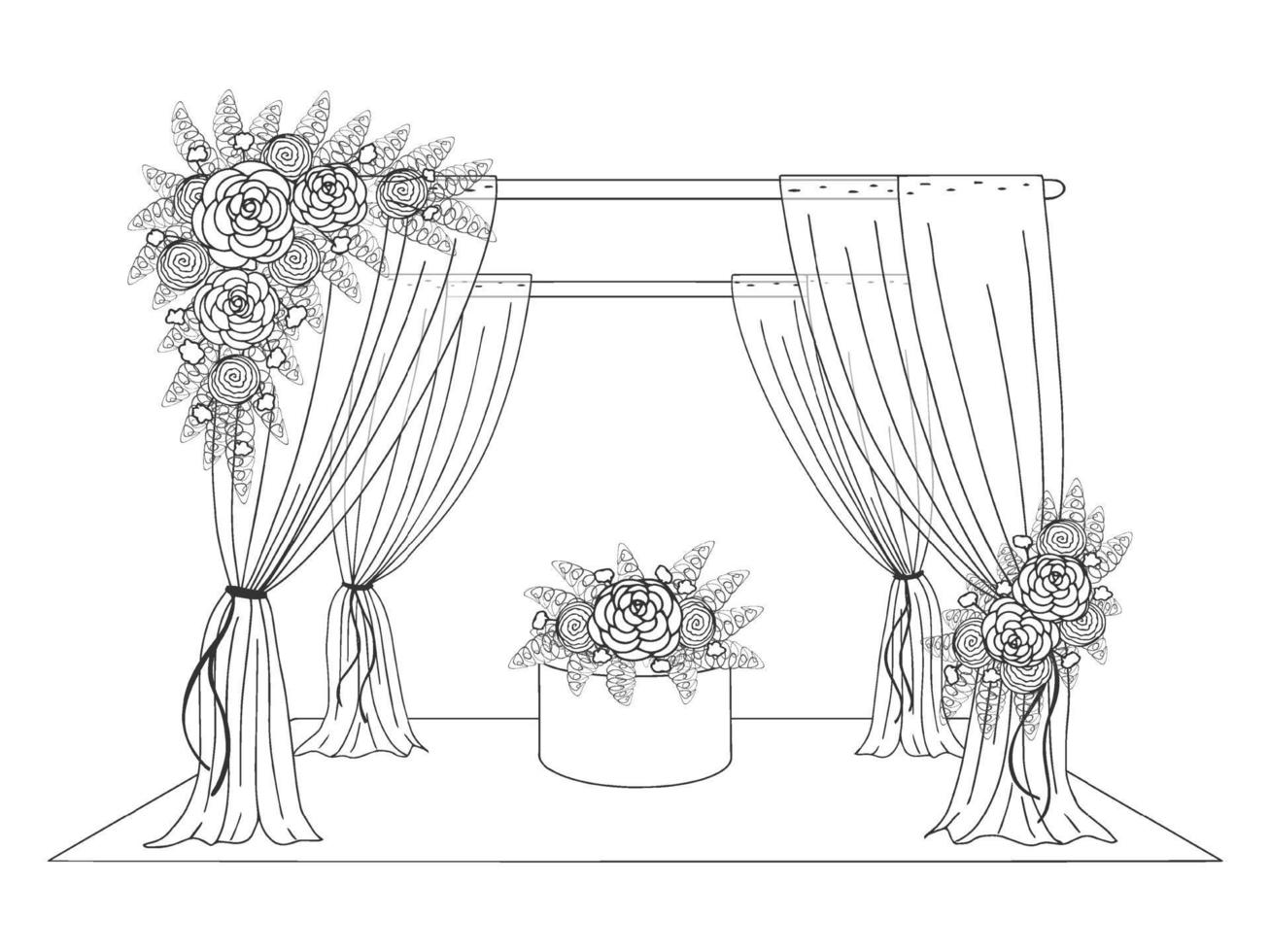 Wedding tent decorated with flowers. Hand drawn image. Graphic line style. Vector illustration. Isolated on white.