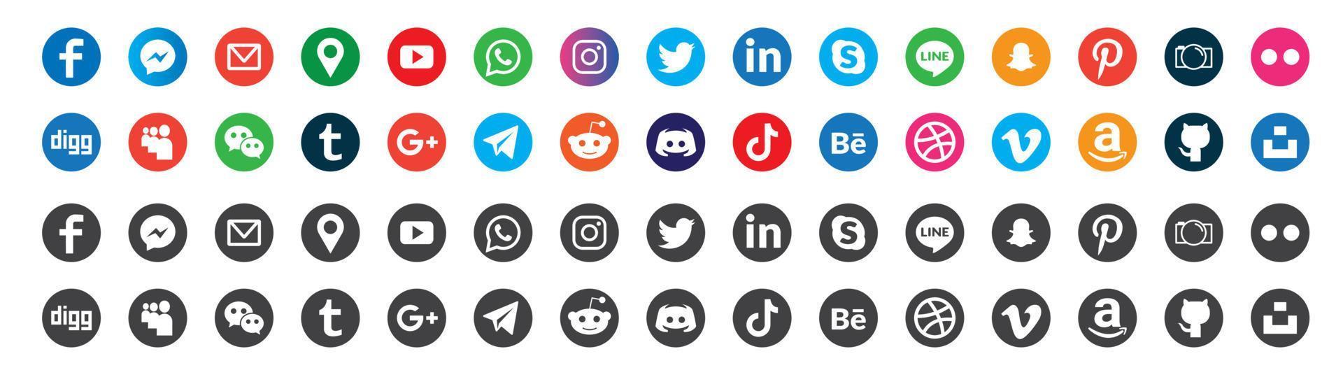 conjunto de logotipos de redes sociales. facebook instagram twitter youtube snapchat whatsap pinterest linkedin vimeo tiktok periscope logo set. vector icono de red social