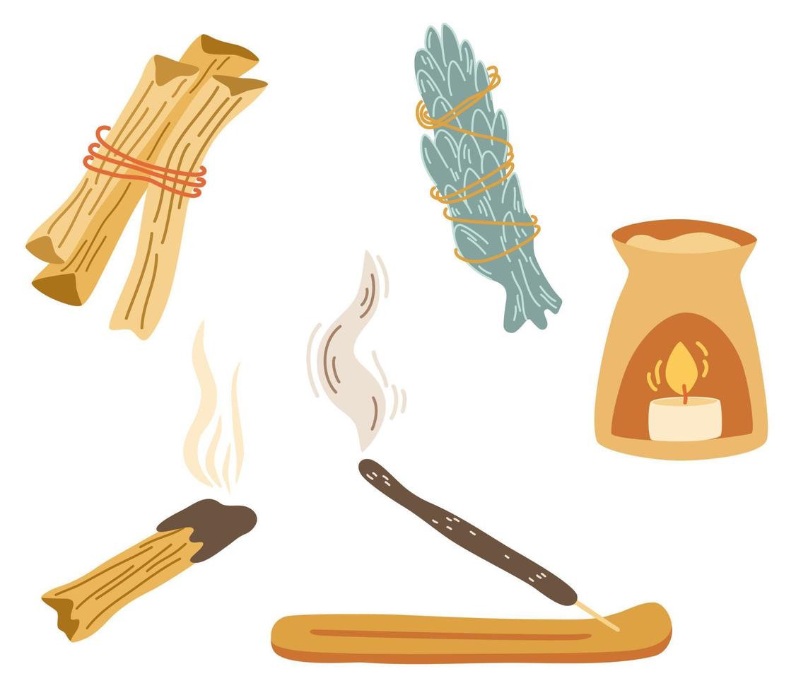 Home incense. Meditation set elements. Scented Spa stick on a wooden stand, incense palo santo, Incense stick, candle. Home yoga relaxation. Hand draw Vector illustration.