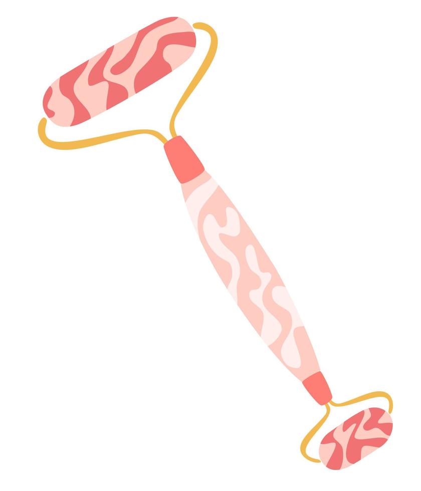 Gouache massage roller. Face massage at home. Tools for skin care and tone improvement. Flat vector set made of rose quartz, consisting of a roller face massager. Vector Illustration.