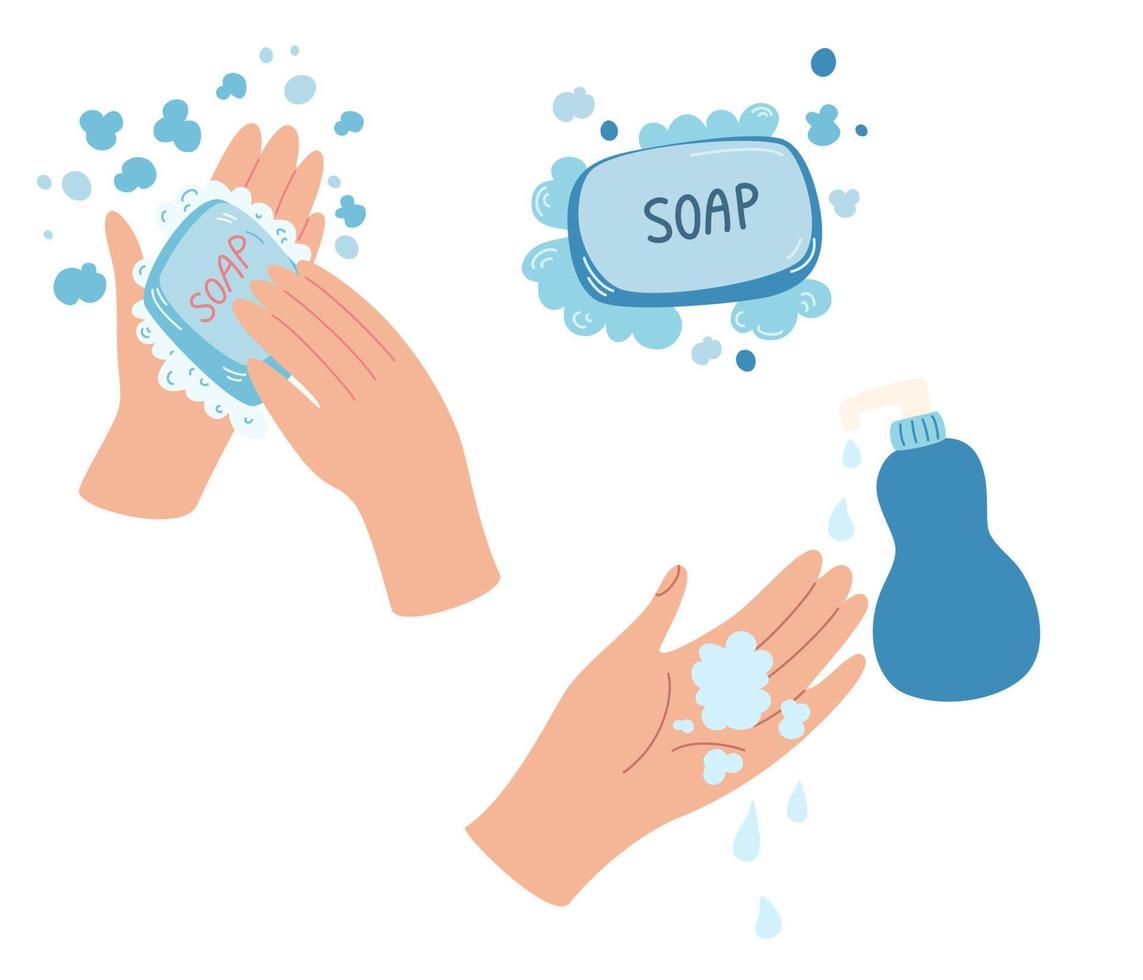 Hand washing. Hands with soap. Bar of soap. Washing Hands For Daily Personal Care. Everyday hygiene essentials. Safety during COVID-19 pandemia. Cartoon Vector illustration.