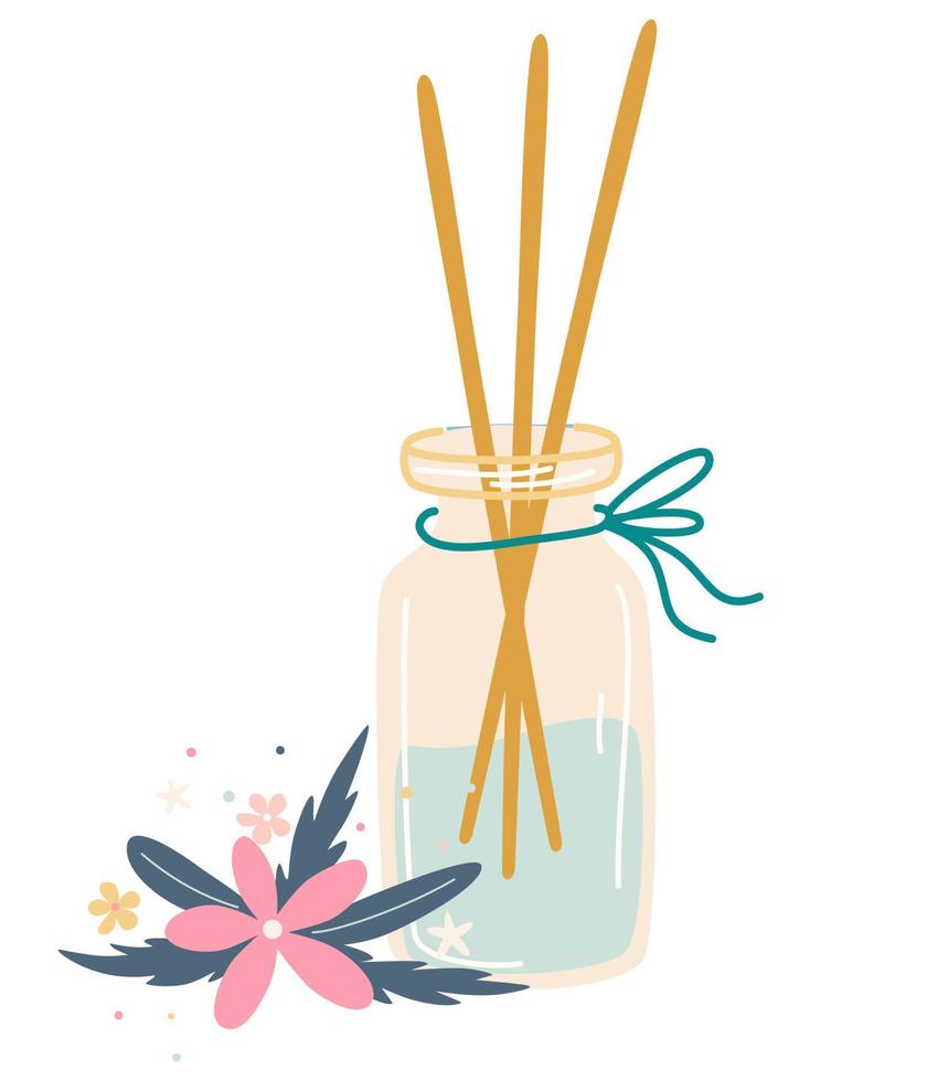 Home incense. Aromatherapy. Aroma diffuser, essential oil, aromatic bag sachet, incense stick. Cartoon Vector illustration.