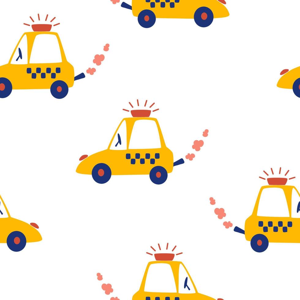 Taxi cars seamless pattern. Cartoon Transportation Background for Kids. Perfect for Wallpaper, fabric, and textile design. Hand draw Vector illustration.