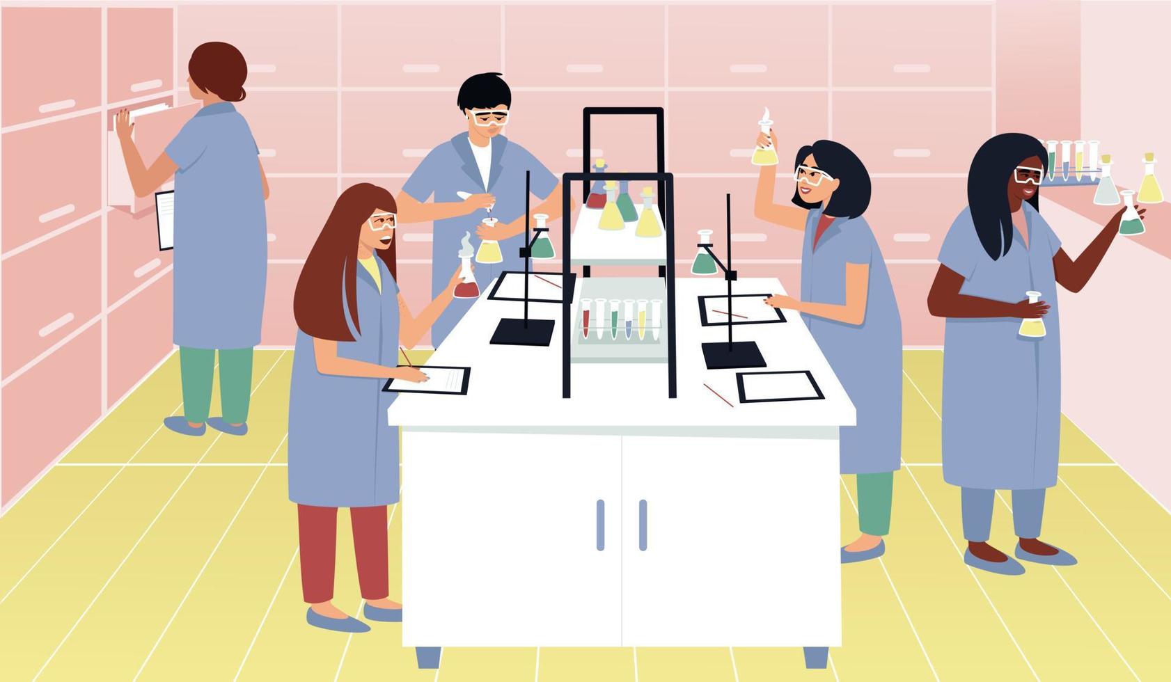 Students in a chemical laboratory are conducting experiments vector