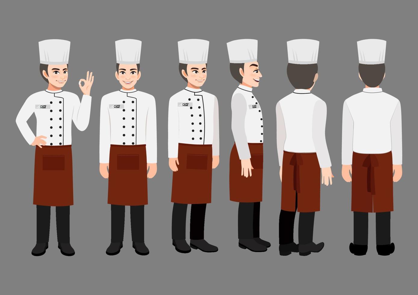 personaje de dibujos animados con chef profesional en uniforme para animación. Carácter de vista frontal, lateral, posterior, 3-4. ilustración vectorial plana vector