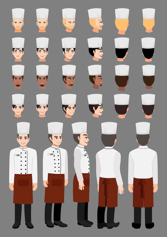 Personaje de dibujos animados de chef profesional con uniforme y chef diverso para la colección de vectores de diseño de animación