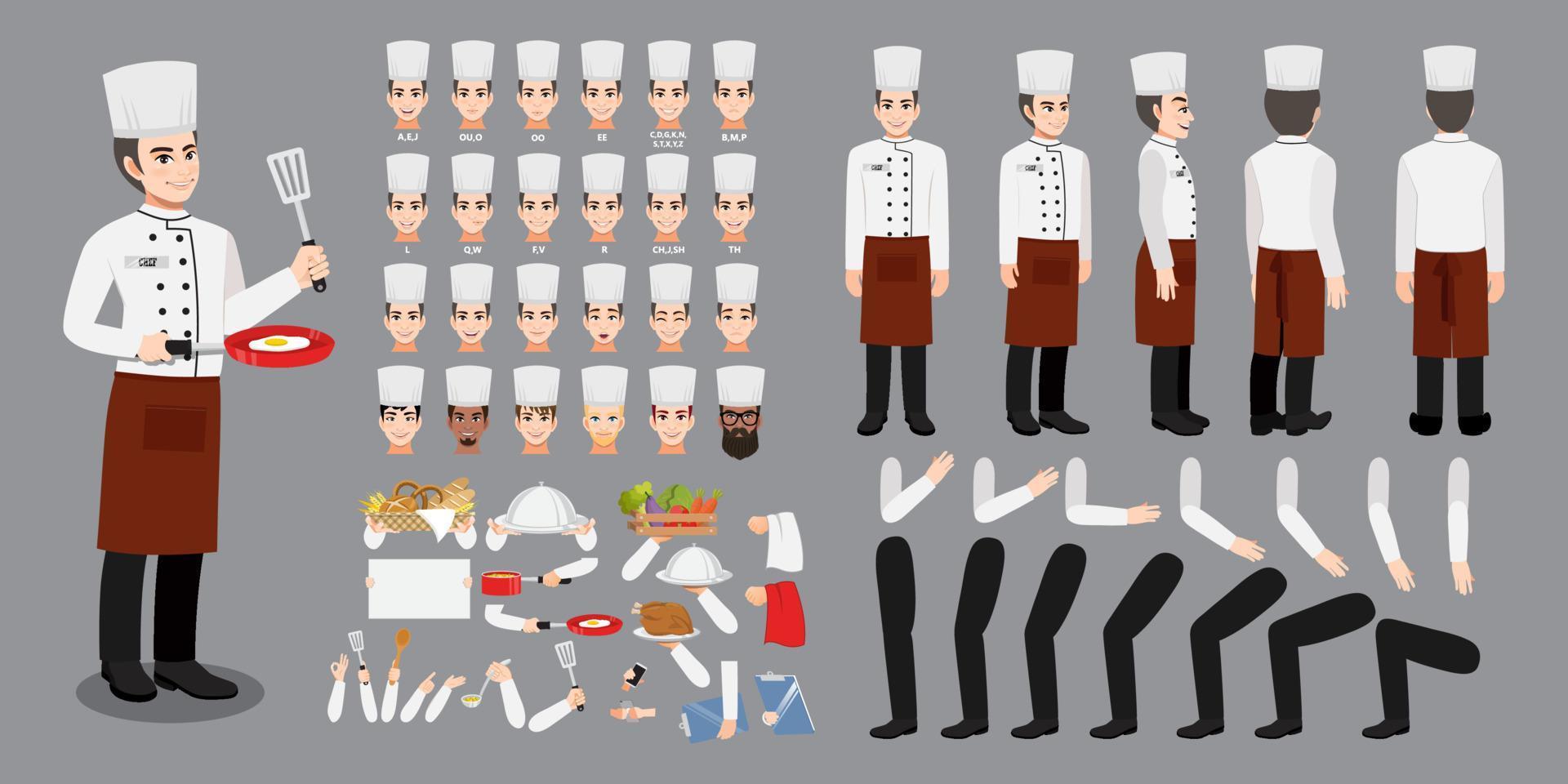 Professional Chef cartoon character in uniform creation set with various views, hairstyles, face emotions, lip sync and poses. Parts of body template for design work and animation vector