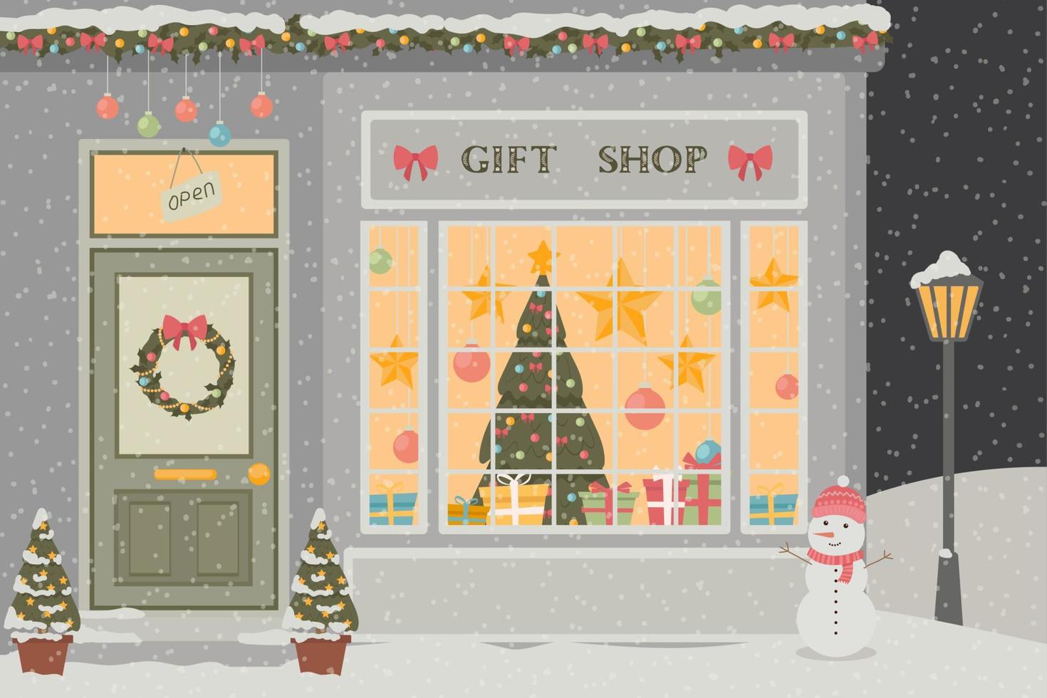 Gift Shop with a Christmas tree, gifts, Christmas wreath, garlands and balls. vector