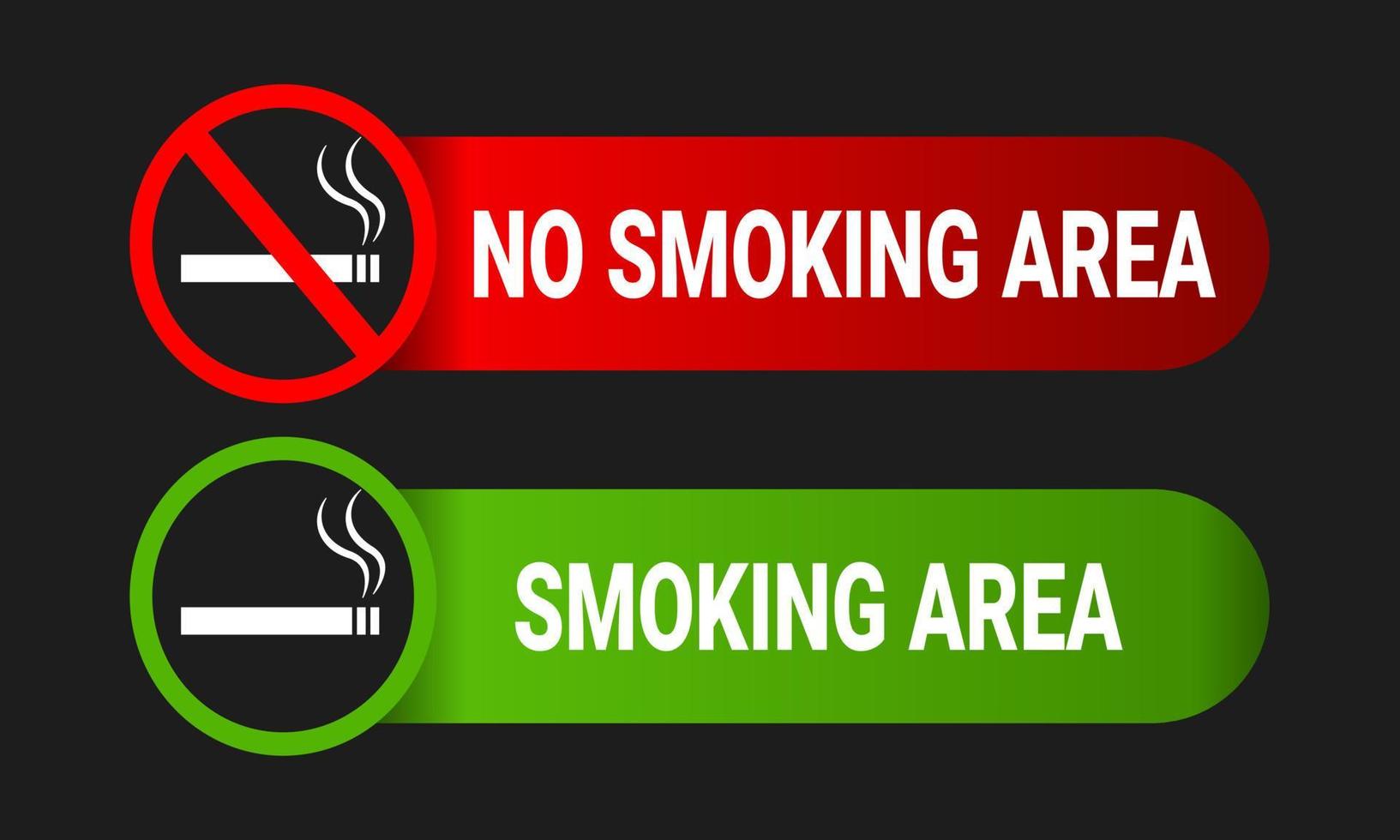 Icono de señal de área de fumadores y no fumadores con etiqueta adhesiva imprimible de color verde y rojo sobre fondo blanco y negro. ilustración vectorial vector