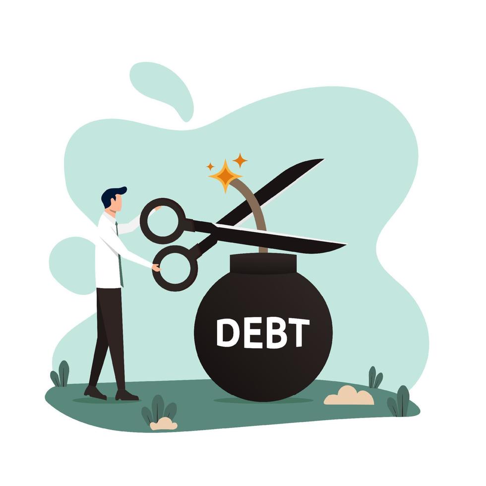 businessman holding scissors to cut debt bomb. Vector illustration