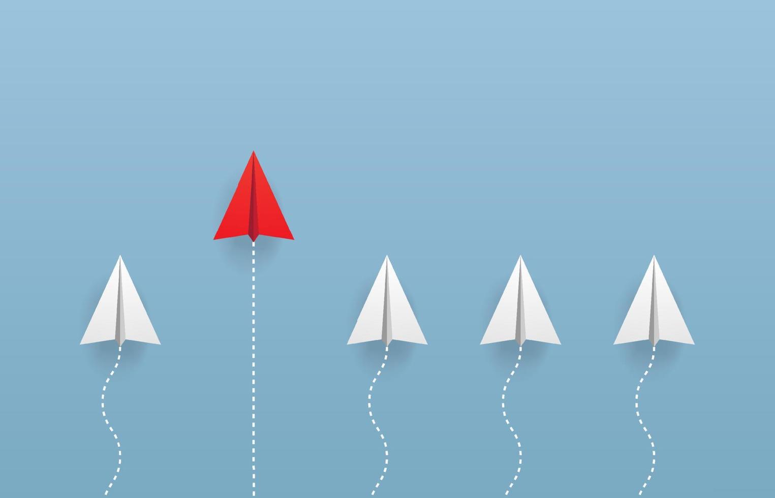 leadership concept with red and white planes on blue sky. Lead airplane stand out of other paper plane follower vector