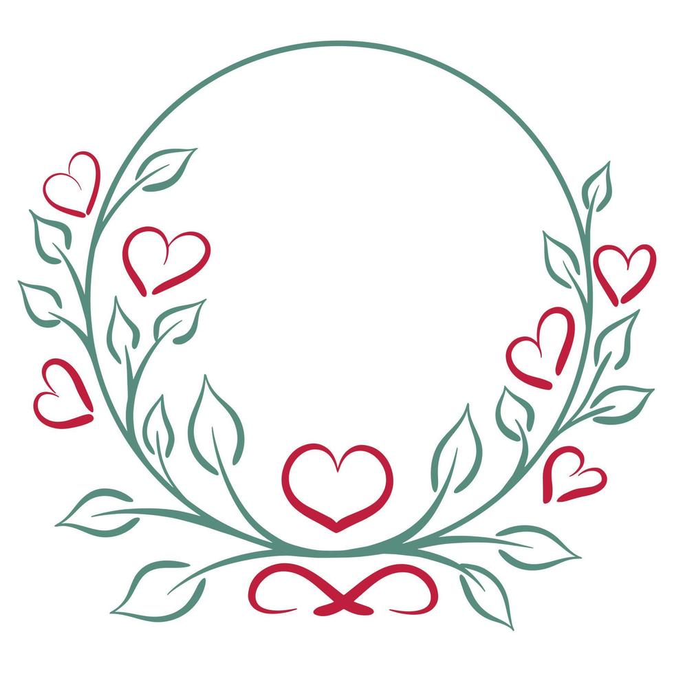 Round wreath with leaves and hearts isolated vector illustration