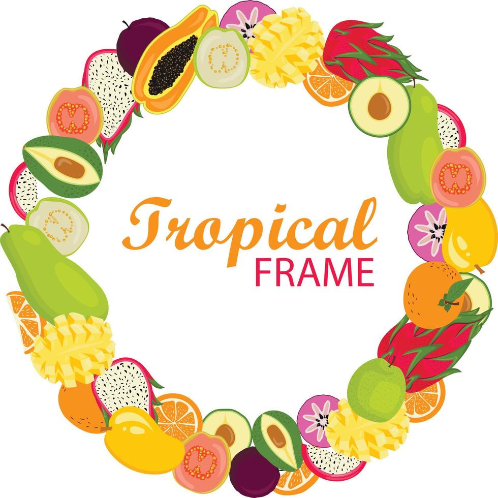 Tropical Hawaiian round frame with exotic fruits.Template design. vector