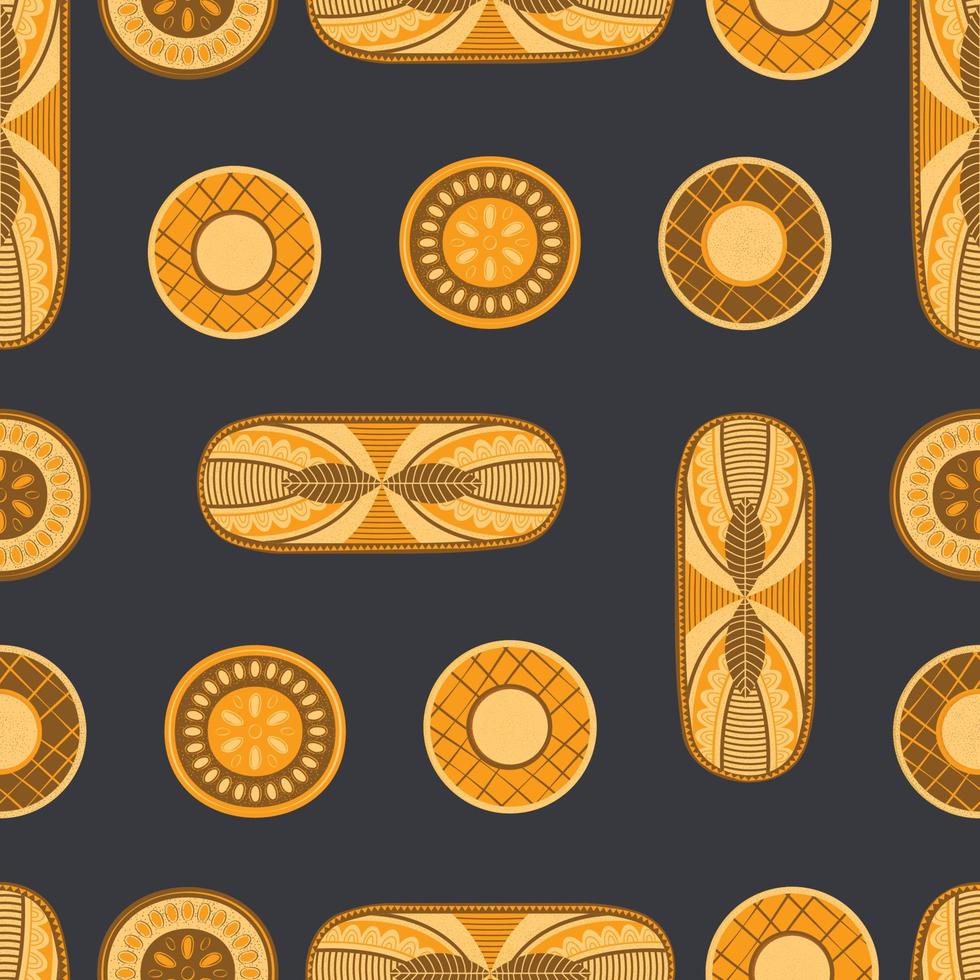 Seamless pattern with orange-brown ceramic plates on a navy background. decor for kitchen utensils, towels, potholders, tablecloths, apron. retro kitchen. kitchen tools, ware, accessories vector