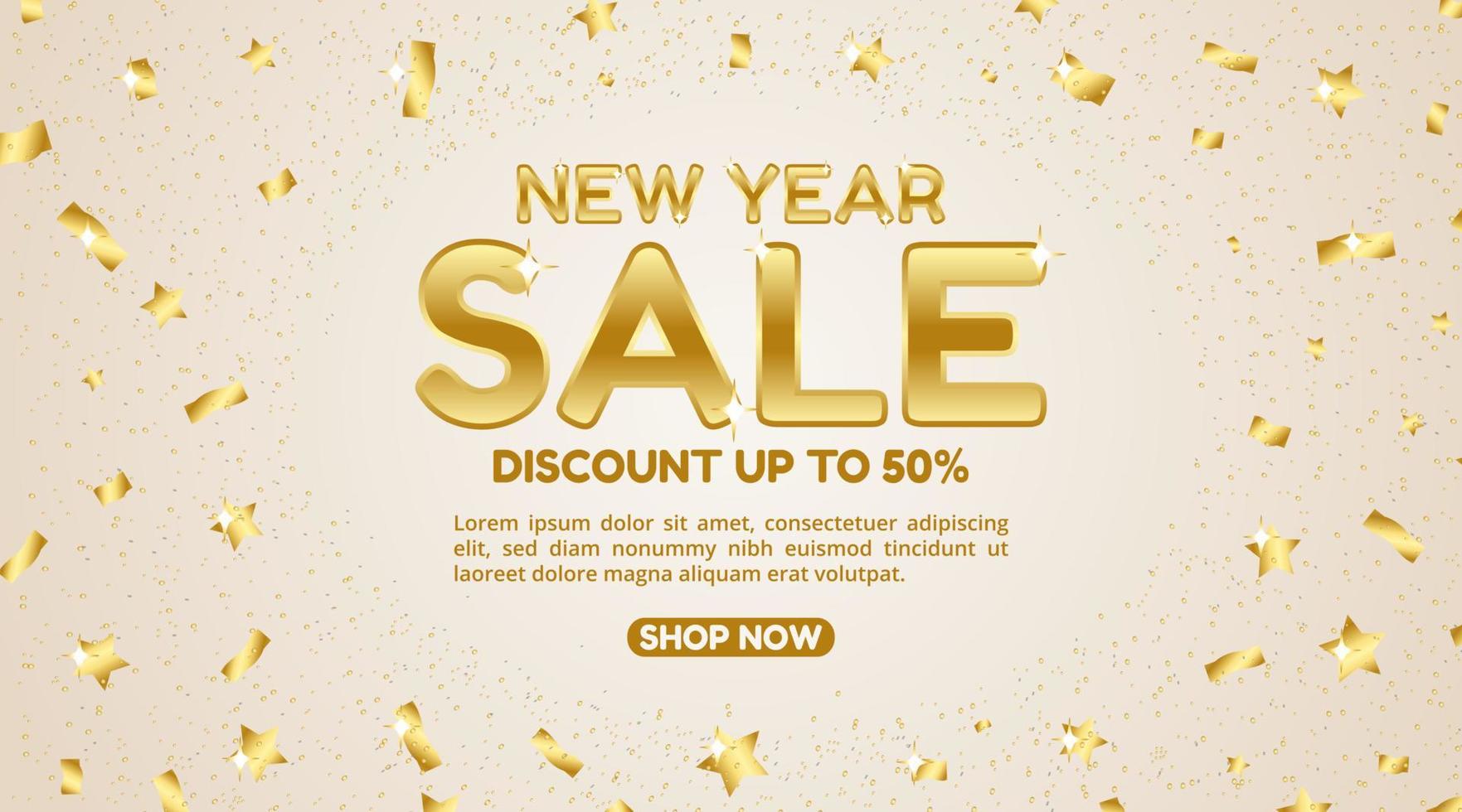 New year sale banner with gold text and glitter confetti vector