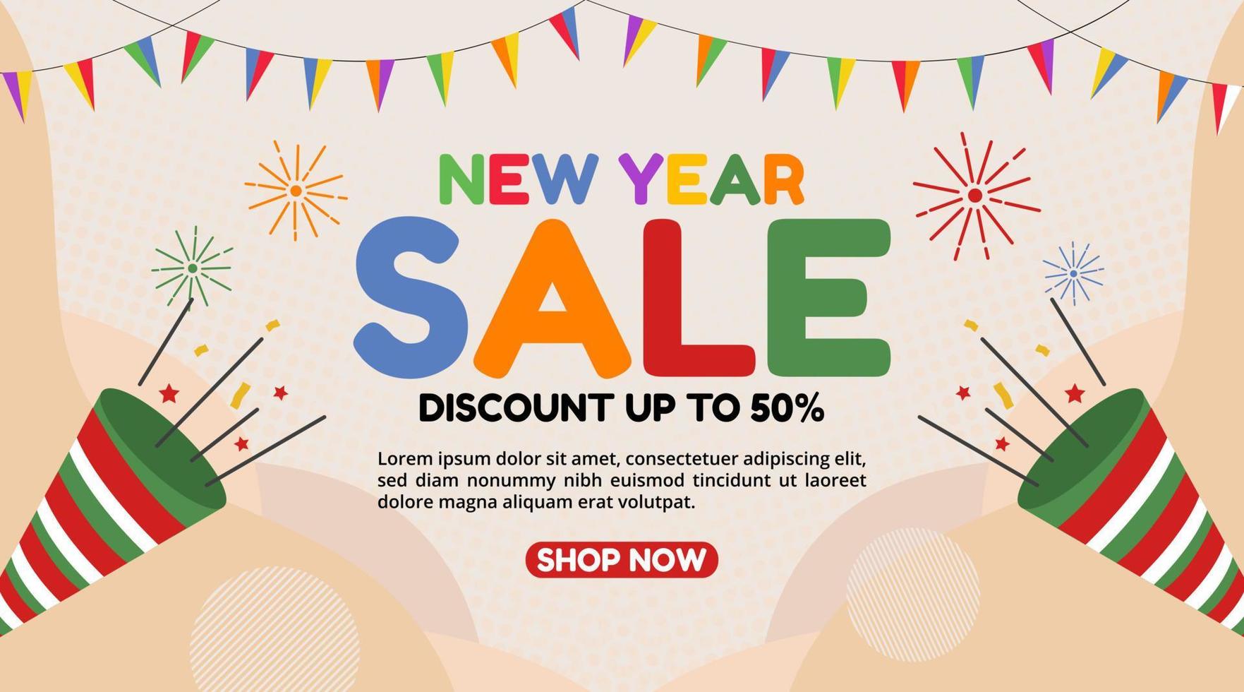 New year sale banner with confetti trumpet and flag decoration vector