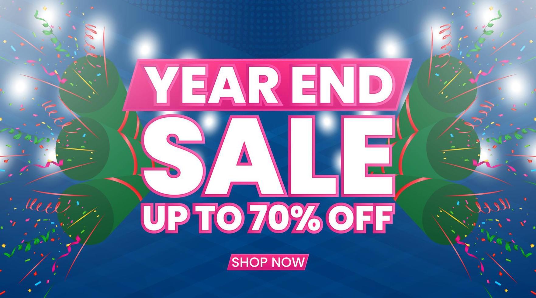 Year end sale banner with confetti and spotlights vector