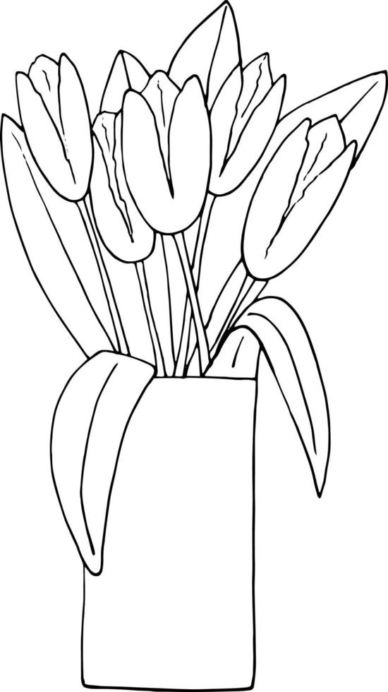 tulips in a vase bouquet icon, sticker. sketch hand drawn doodle style. minimalism monochrome. flowers, spring, holiday, decor, summer vector