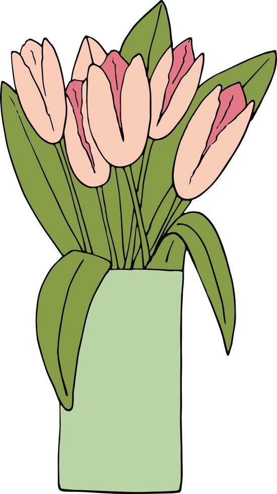tulipanes rosados en un icono de ramo de jarrón, etiqueta engomada. bosquejo dibujado a mano estilo doodle. minimalismo. flores, primavera, vacaciones, decoración, verano vector