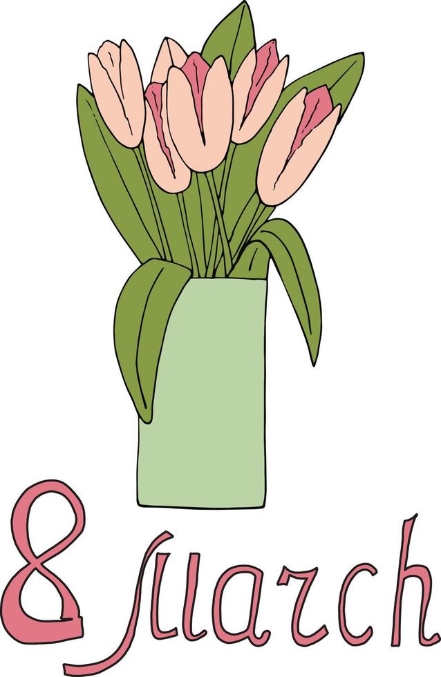 tulipanes en un ramo de jarrón. Plantilla de tarjeta postal del 8 de marzo. tarjeta, cartel, pegatina, banner. bosquejo dibujado a mano estilo doodle. Rosa. flores, vacaciones de primavera vector