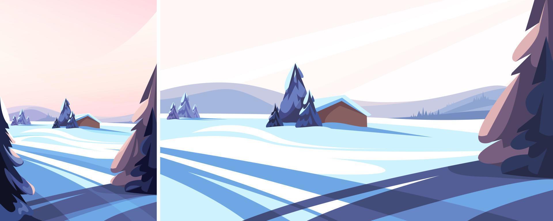 Winter landscape with coniferous trees. Beautiful non-urban scene in different formats. vector