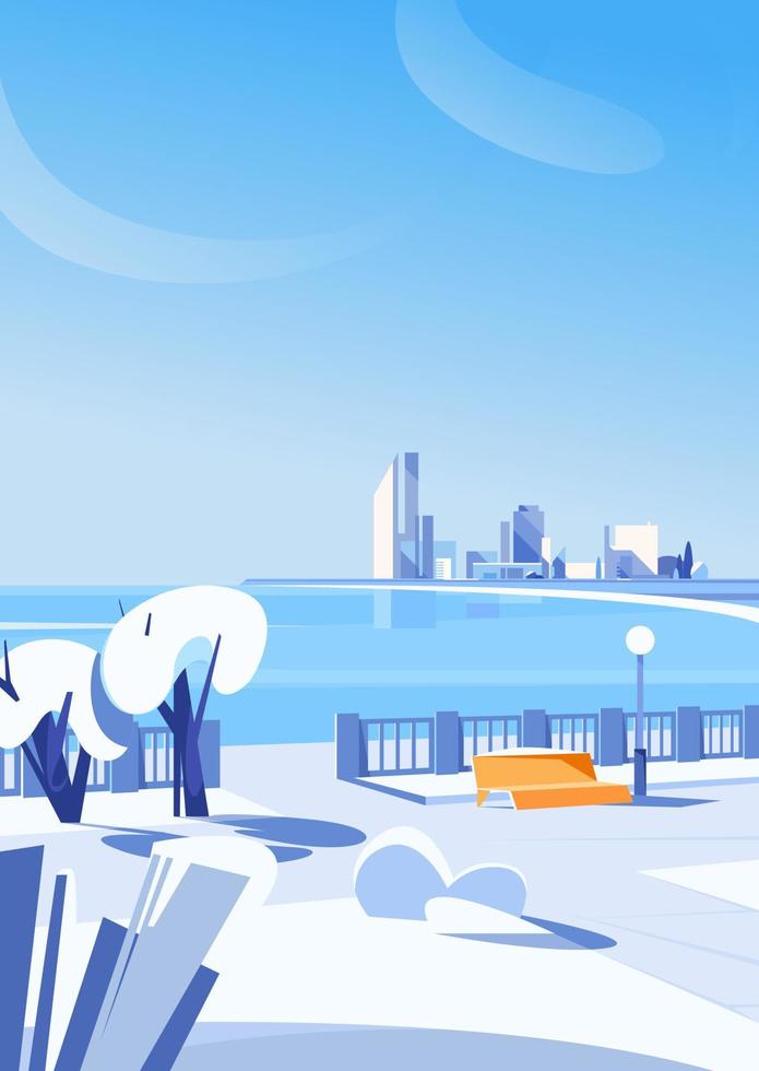 City embankment in winter season. Urban scene in vertical orientation. vector