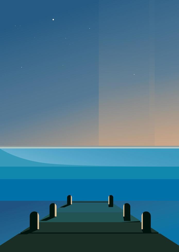 Sea pier in the night. Natural scenery in vertical orientation. vector