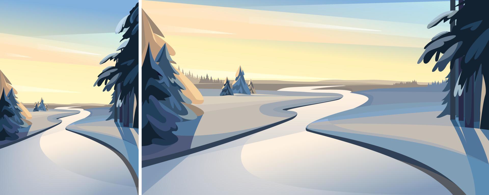 río congelado al atardecer. paisaje invernal en diferentes formatos. vector