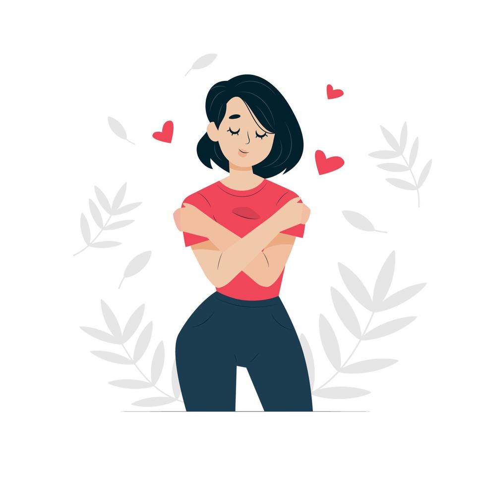 A woman in love hugs herself by the shoulders. Self love vector