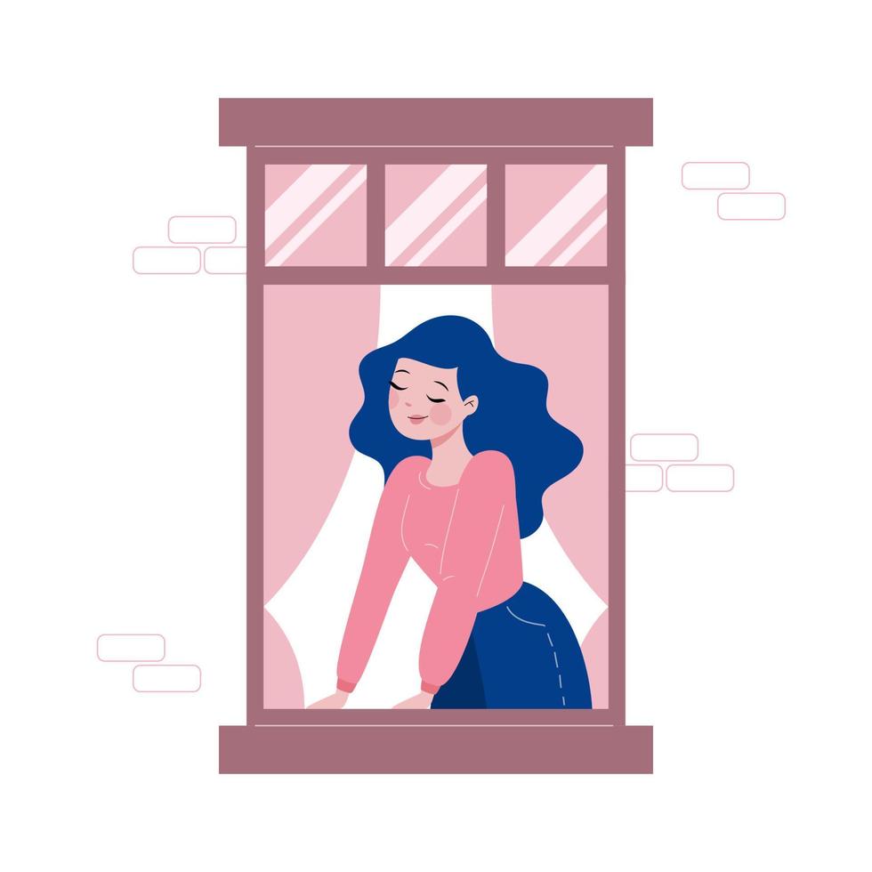 Girl peeking out at the open window vector