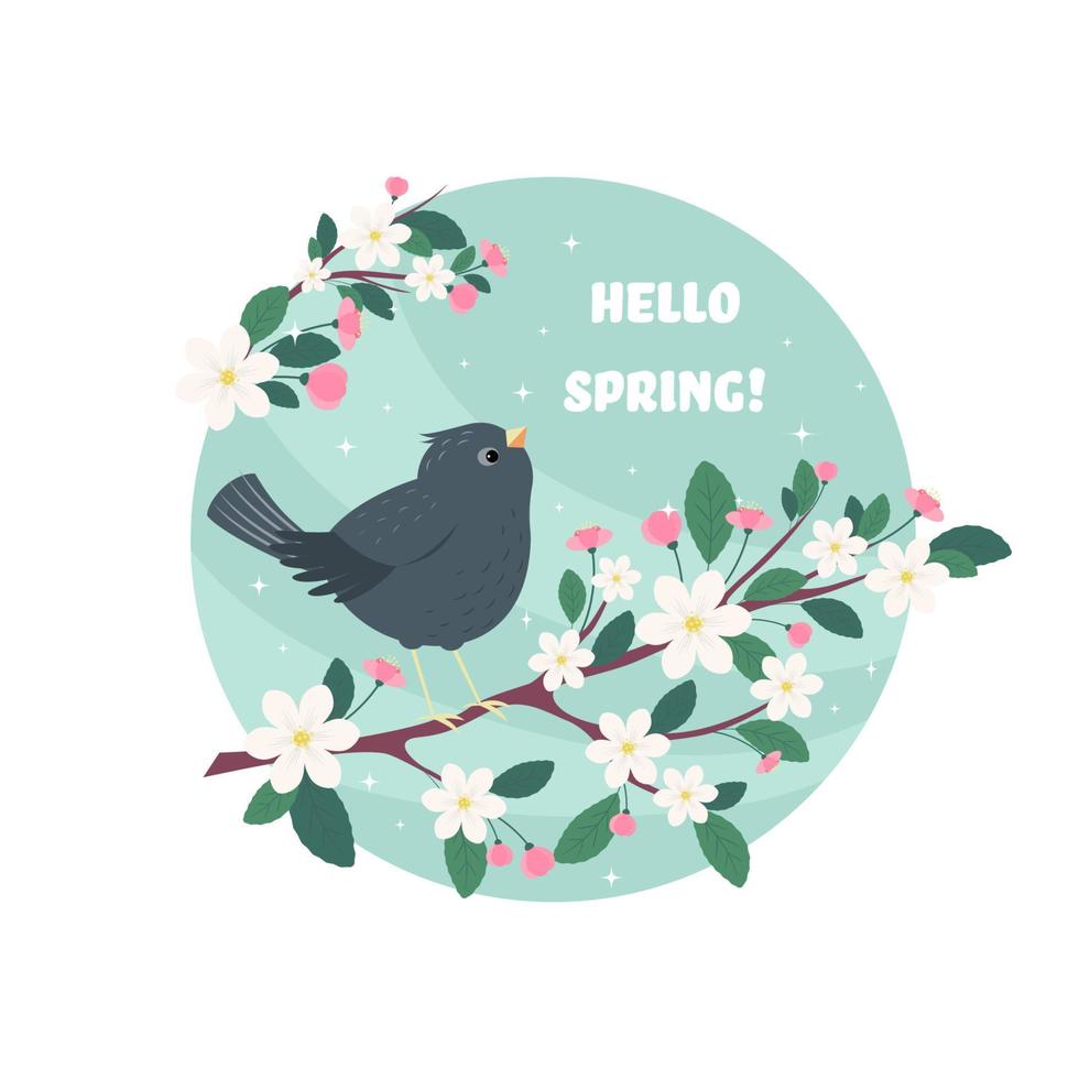 Spring illustration of a starling on a branch vector