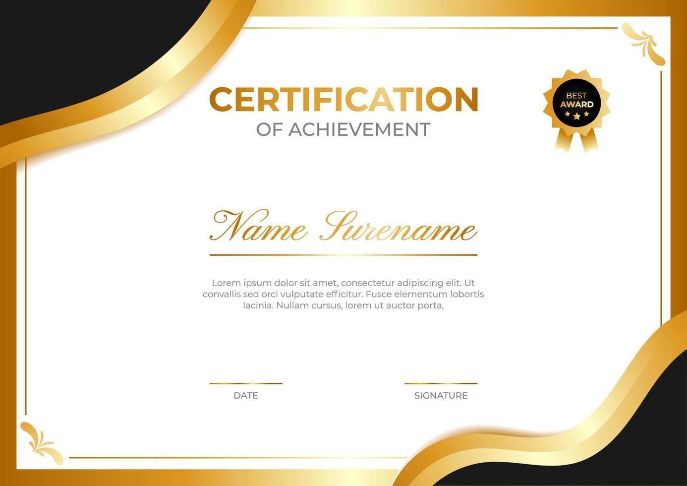 Certificate of achievement template with black, white and gold color. Trendy certificate design vector