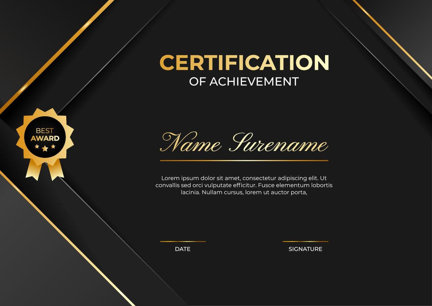 Certificate of achievement template with black, white and gold color. Trendy certificate design vector