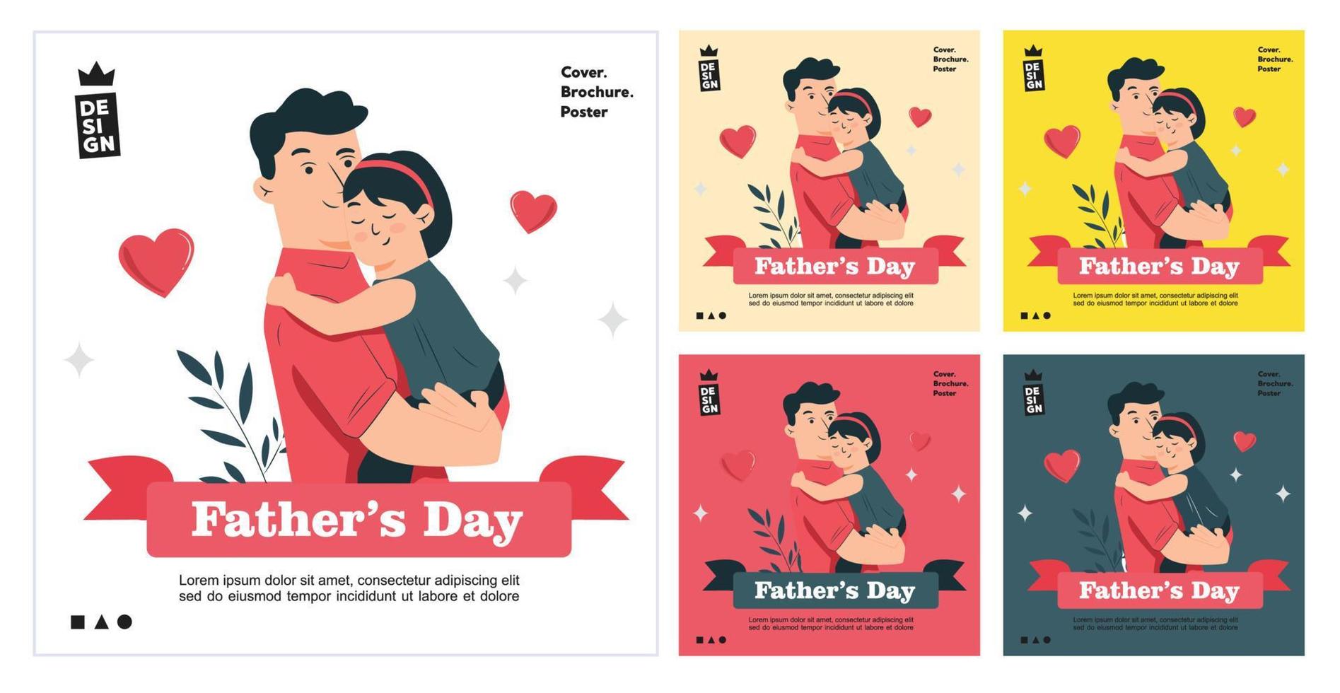 Vector Illustration Of Father Holding Baby Son In Arms. Happy Fathers Day Greeting Card.