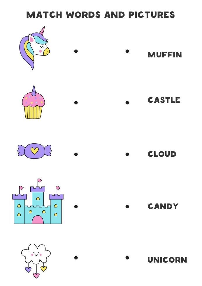 Matching game. Match unicorn pictures with words. vector