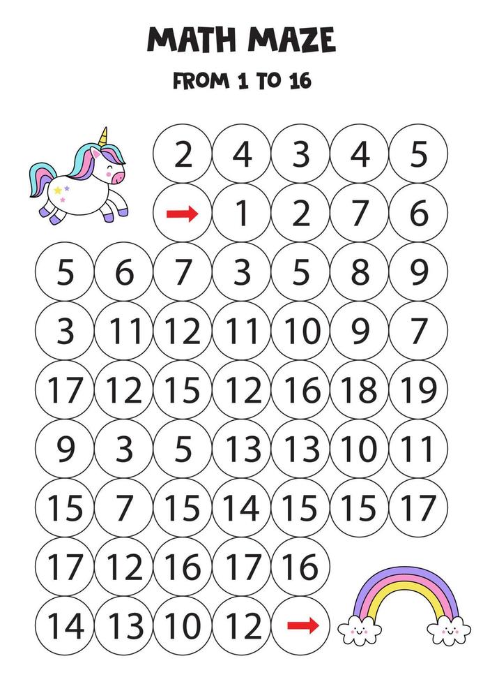 Get cute unicorn to the rainbow by counting to 16. vector