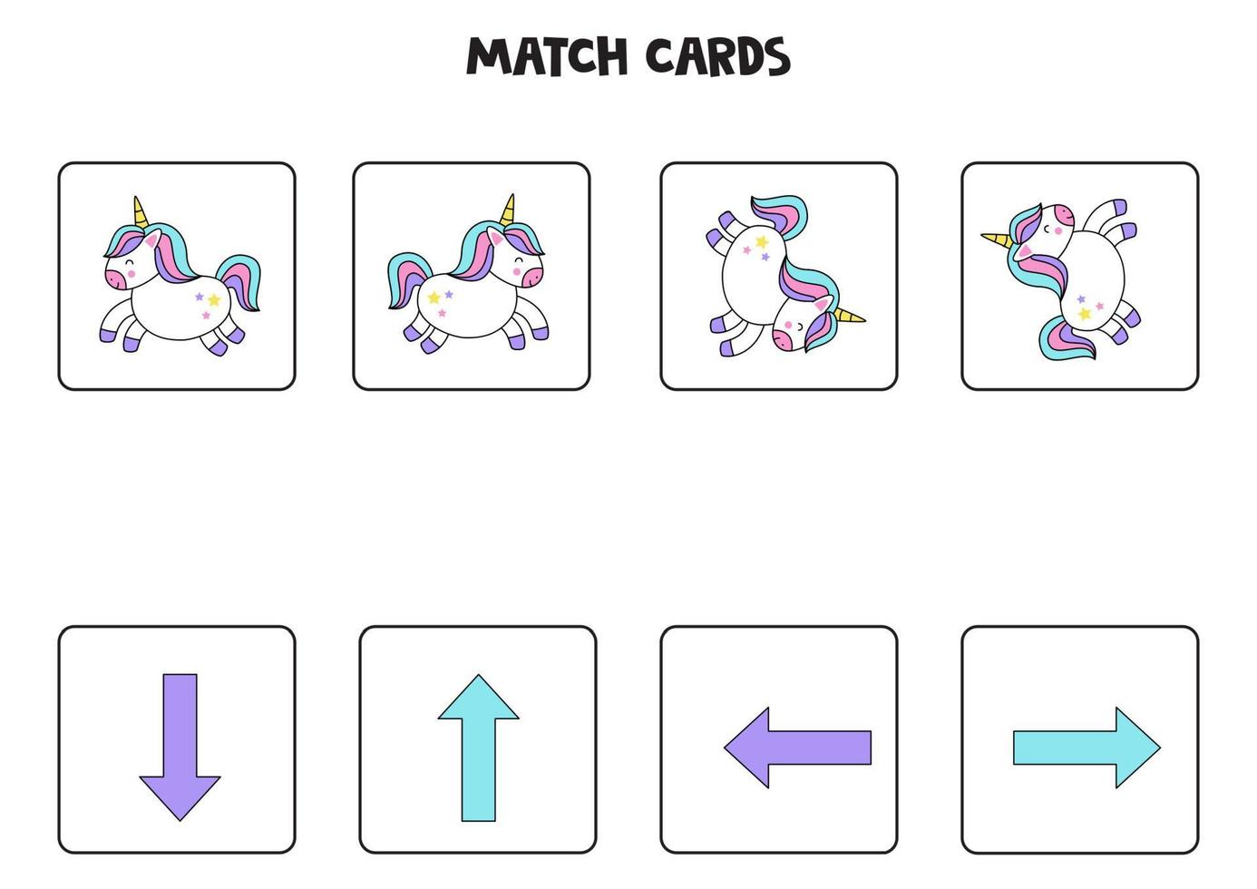 Left, right, up or down. Spatial orientation with cute unicorn. vector