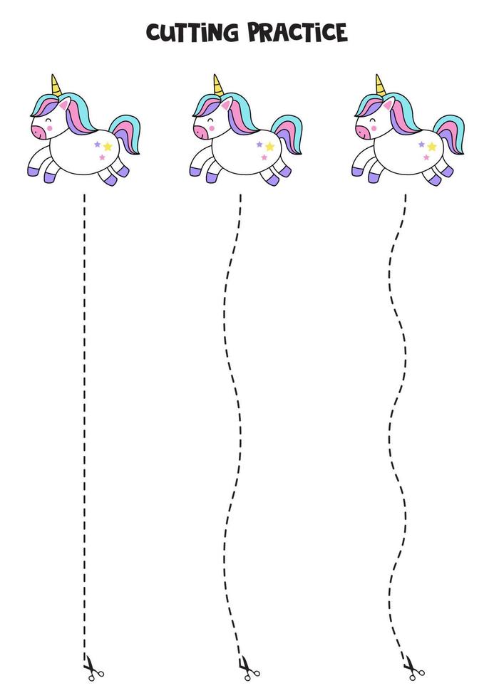 Práctica de corte para niños con lindos unicornios. vector