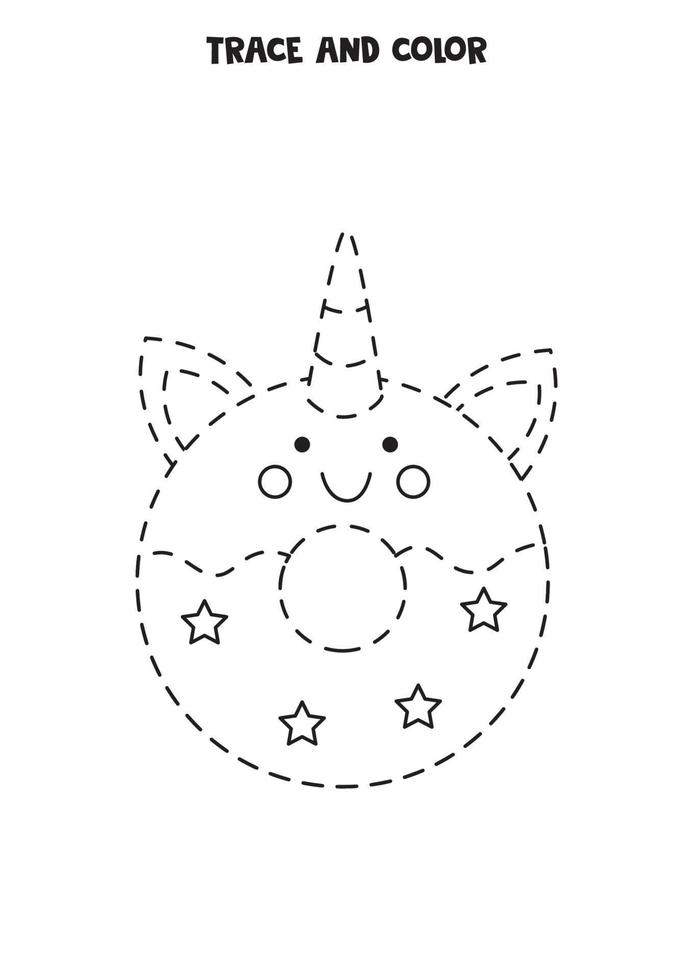 Trace and color cute unicorn doughnut. Worksheet for girls. vector