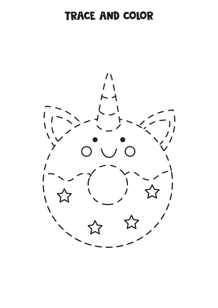 Trace and color cute unicorn doughnut. Worksheet for girls. vector