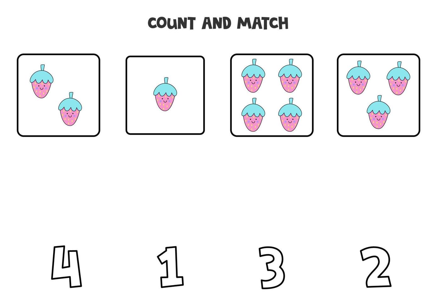 Counting game with cute pink strawberries. Math worksheet. vector